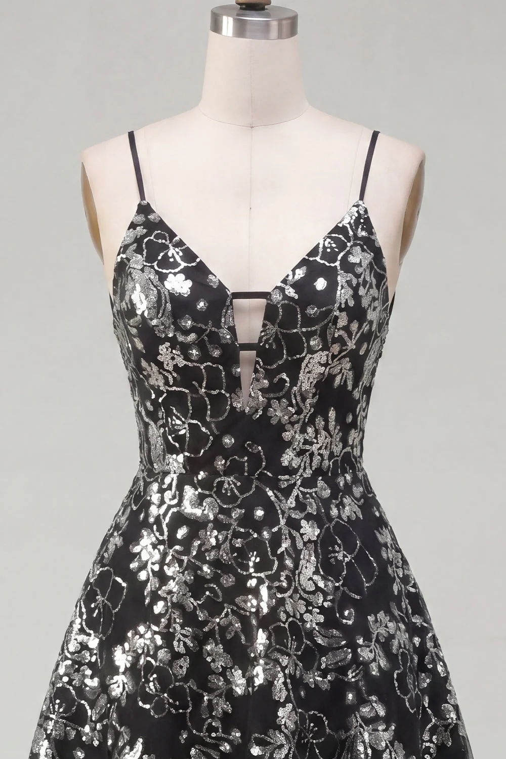 Sparkly Black  A Line Spaghetti Straps Short Sequin Cocktail Dress - Image 5