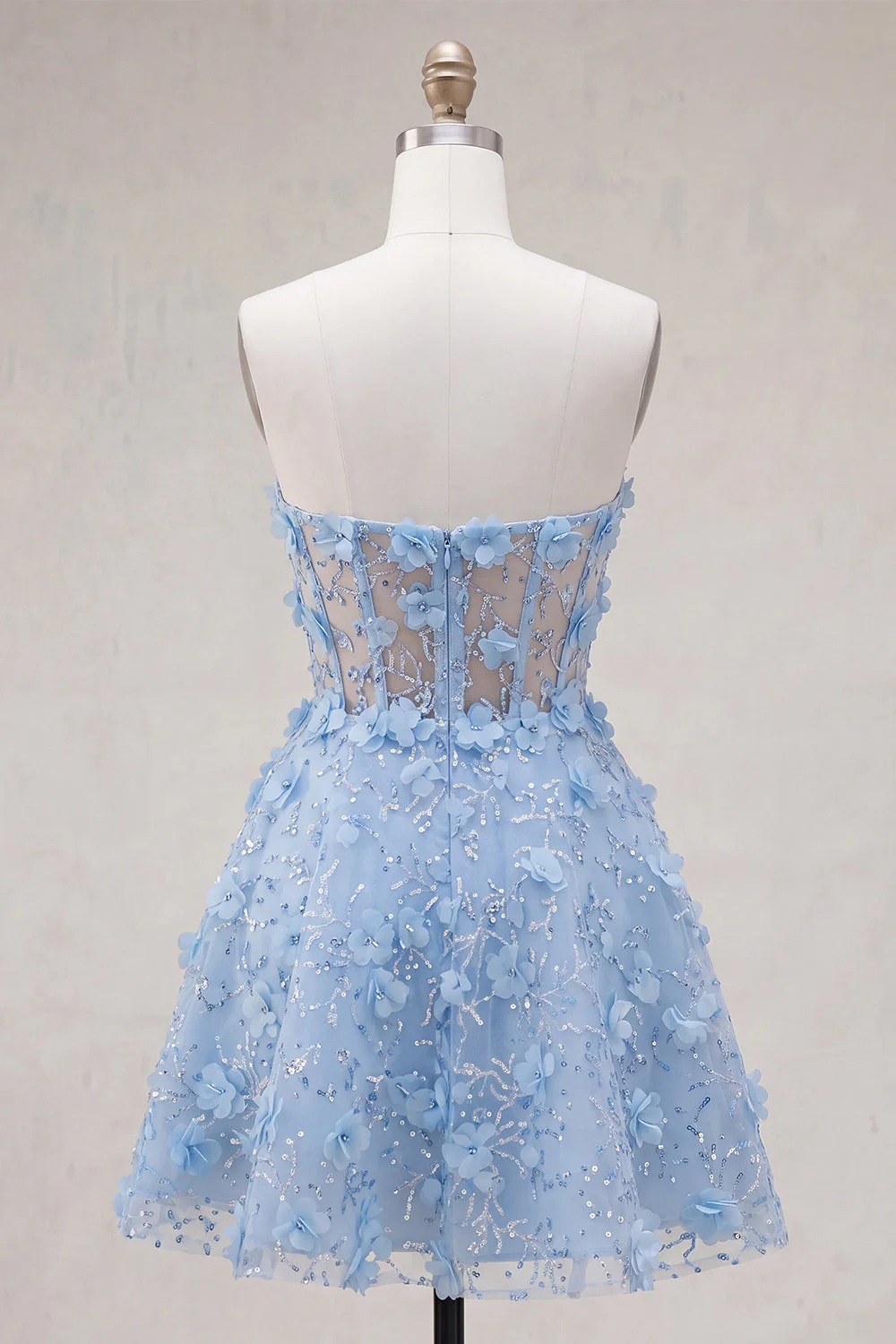 Strapless Blue Sheer Corset A Line Short Cocktail Dress with 3D Flowers - Image 2