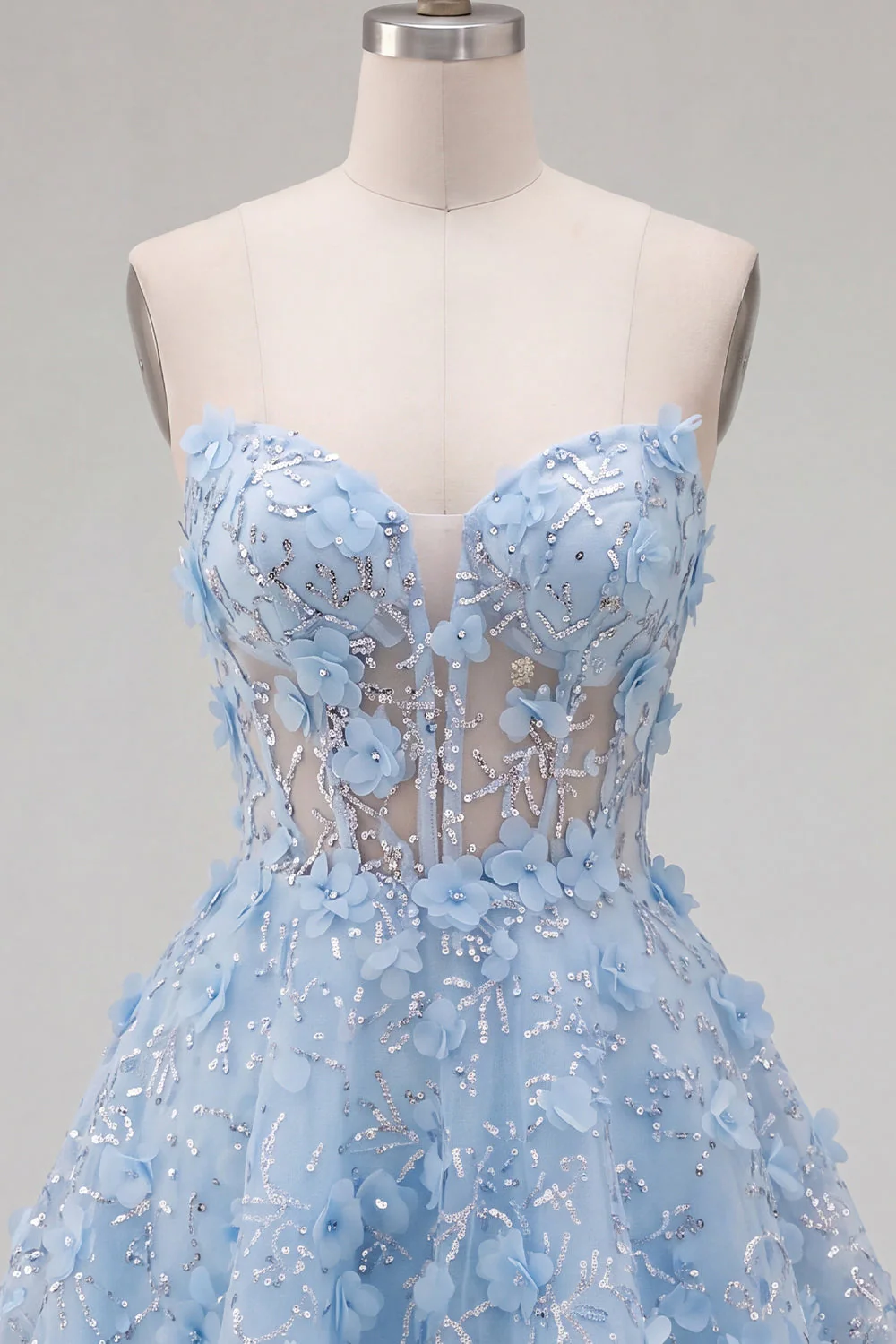 Strapless Blue Sheer Corset A Line Short Cocktail Dress with 3D Flowers - Image 5