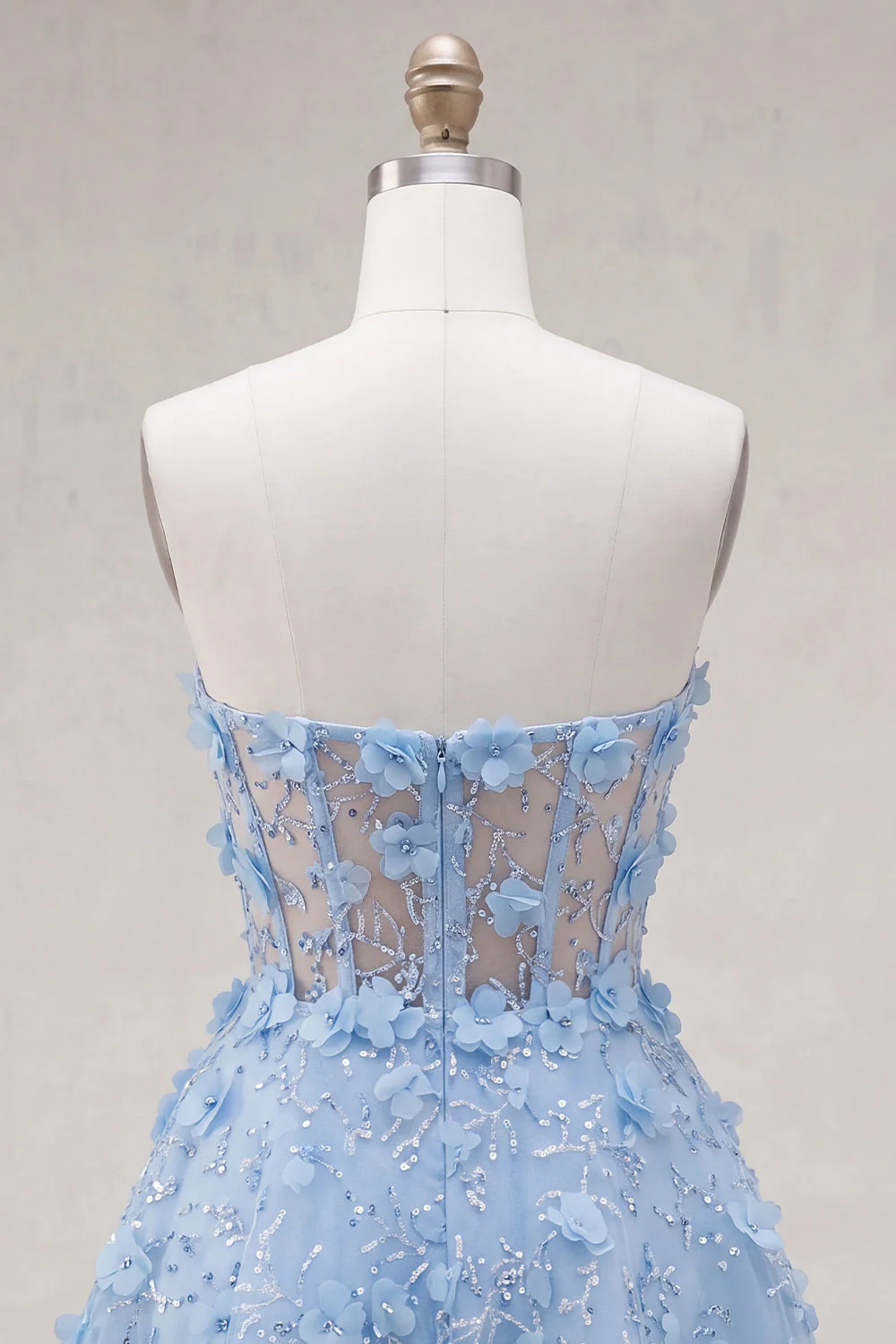 Strapless Blue Sheer Corset A Line Short Cocktail Dress with 3D Flowers - Image 6