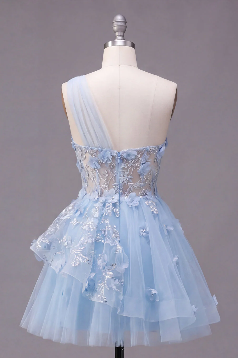 Blue A Line Sheer One Shoulder 3D Flowera Short Cocktail Dress with Ruffles - Image 2