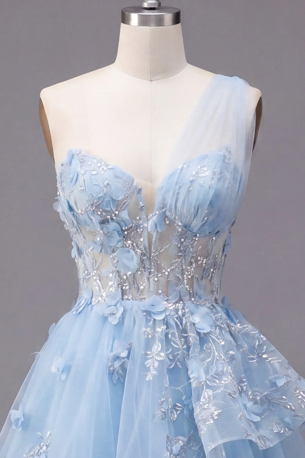 Blue A Line Sheer One Shoulder 3D Flowera Short Cocktail Dress with Ruffles - Image 5