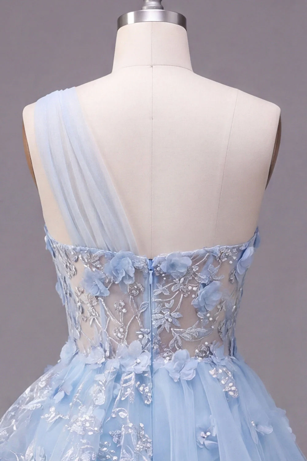 Blue A Line Sheer One Shoulder 3D Flowera Short Cocktail Dress with Ruffles - Image 6