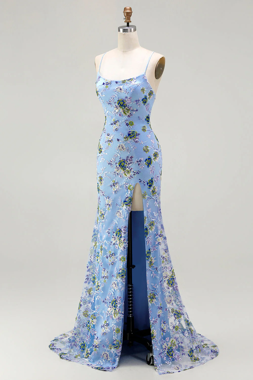 Sparkly Blue Floral Mermaid Sequin Embroidered Long Prom Dress with Slit - Image 3