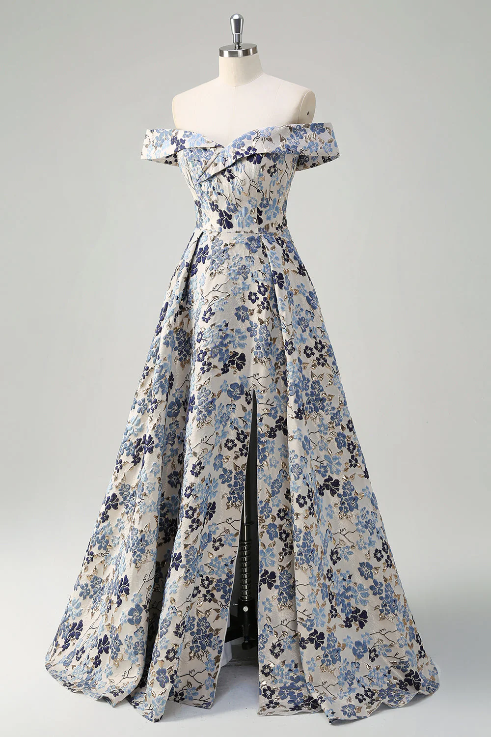 Sparkly Blue Flower Princess Off The Shoulder Ruched Long Prom Dress with Slit - Image 3