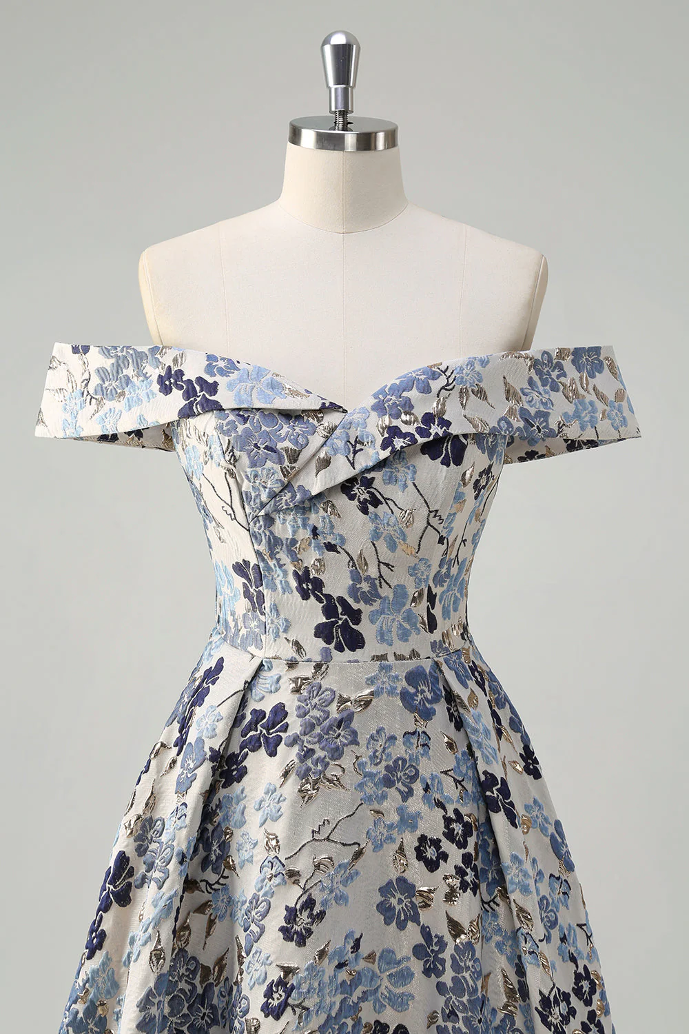 Sparkly Blue Flower Princess Off The Shoulder Ruched Long Prom Dress with Slit - Image 4