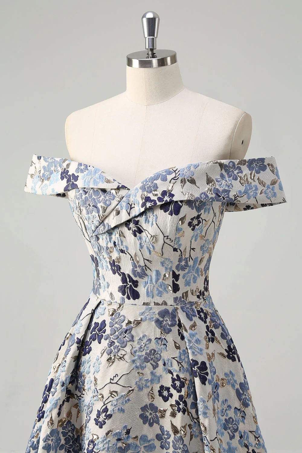 Sparkly Blue Flower Princess Off The Shoulder Ruched Long Prom Dress with Slit - Image 6