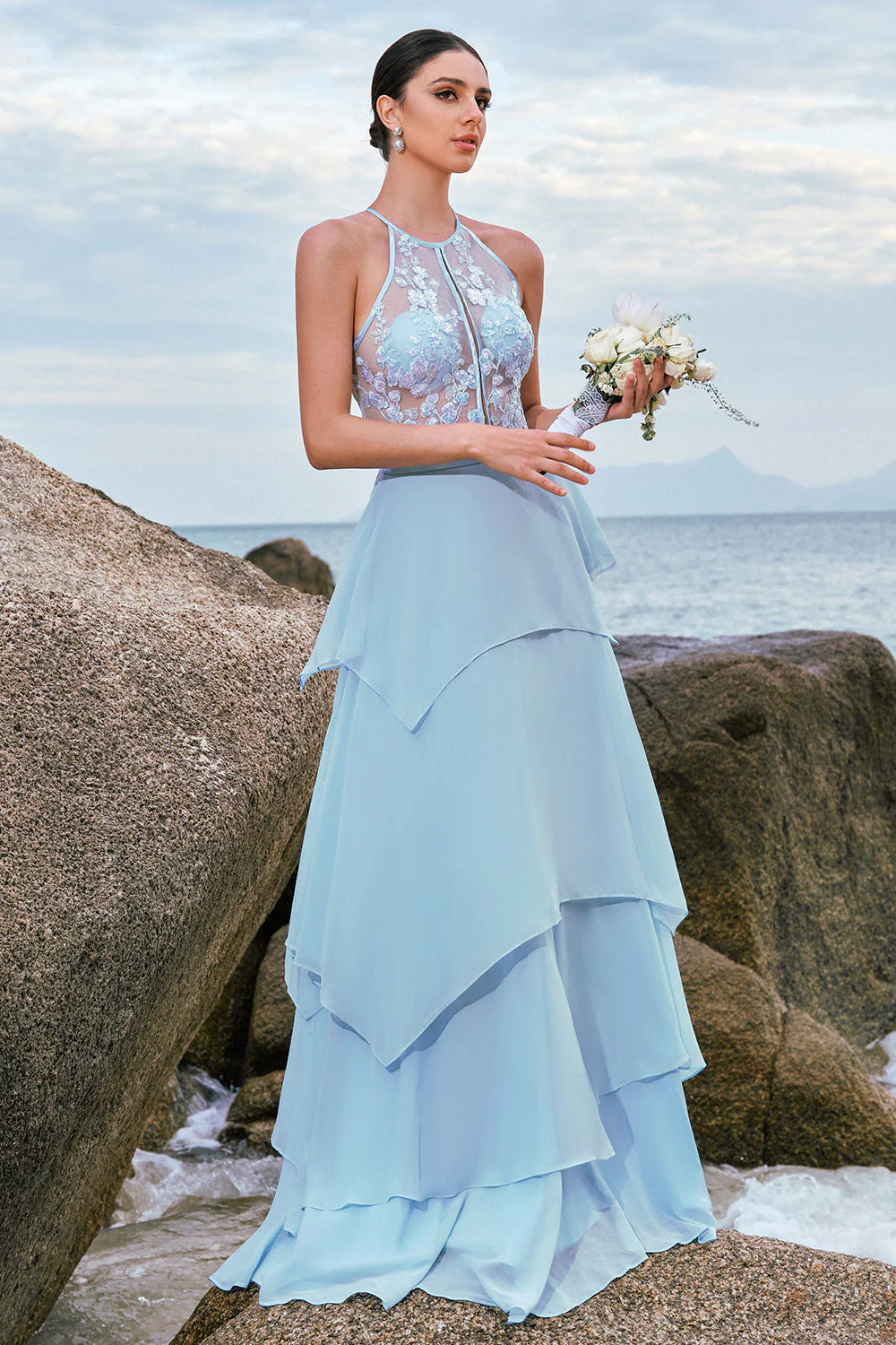Sparkly Blue Halter Floral Long Bridesmaid Dress with Lace Up Back - Image 3