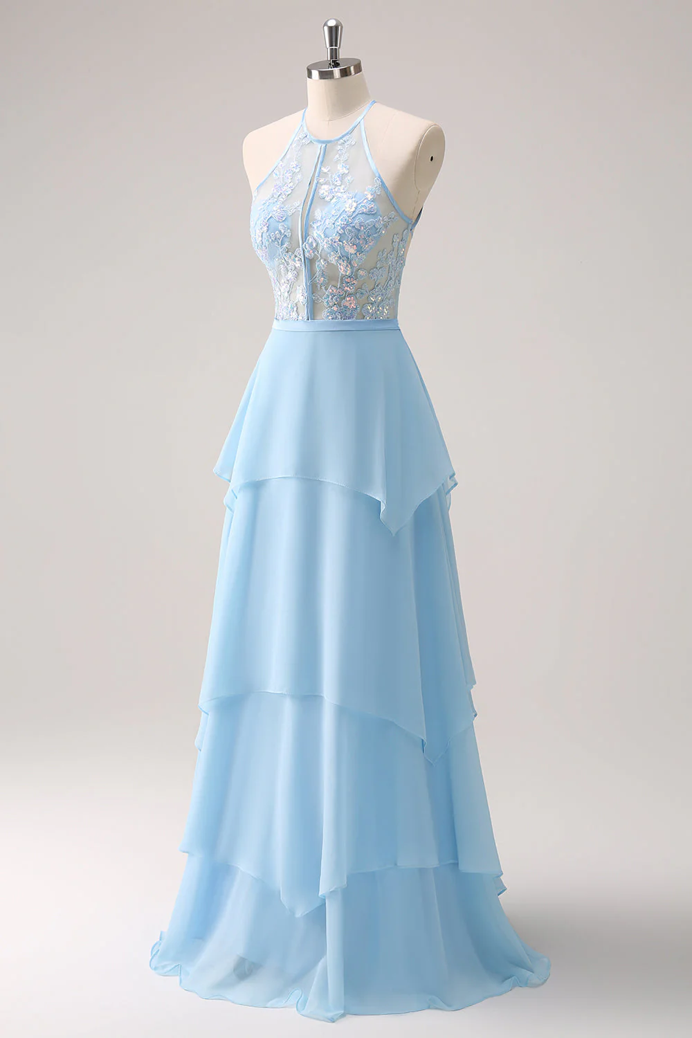 Sparkly Blue Halter Floral Long Bridesmaid Dress with Lace Up Back - Image 5