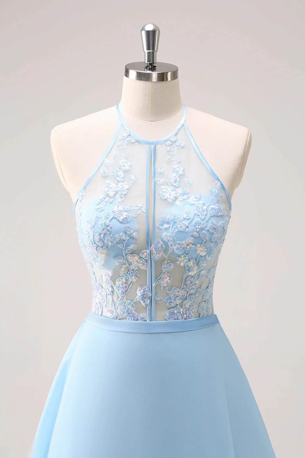 Sparkly Blue Halter Floral Long Bridesmaid Dress with Lace Up Back - Image 6