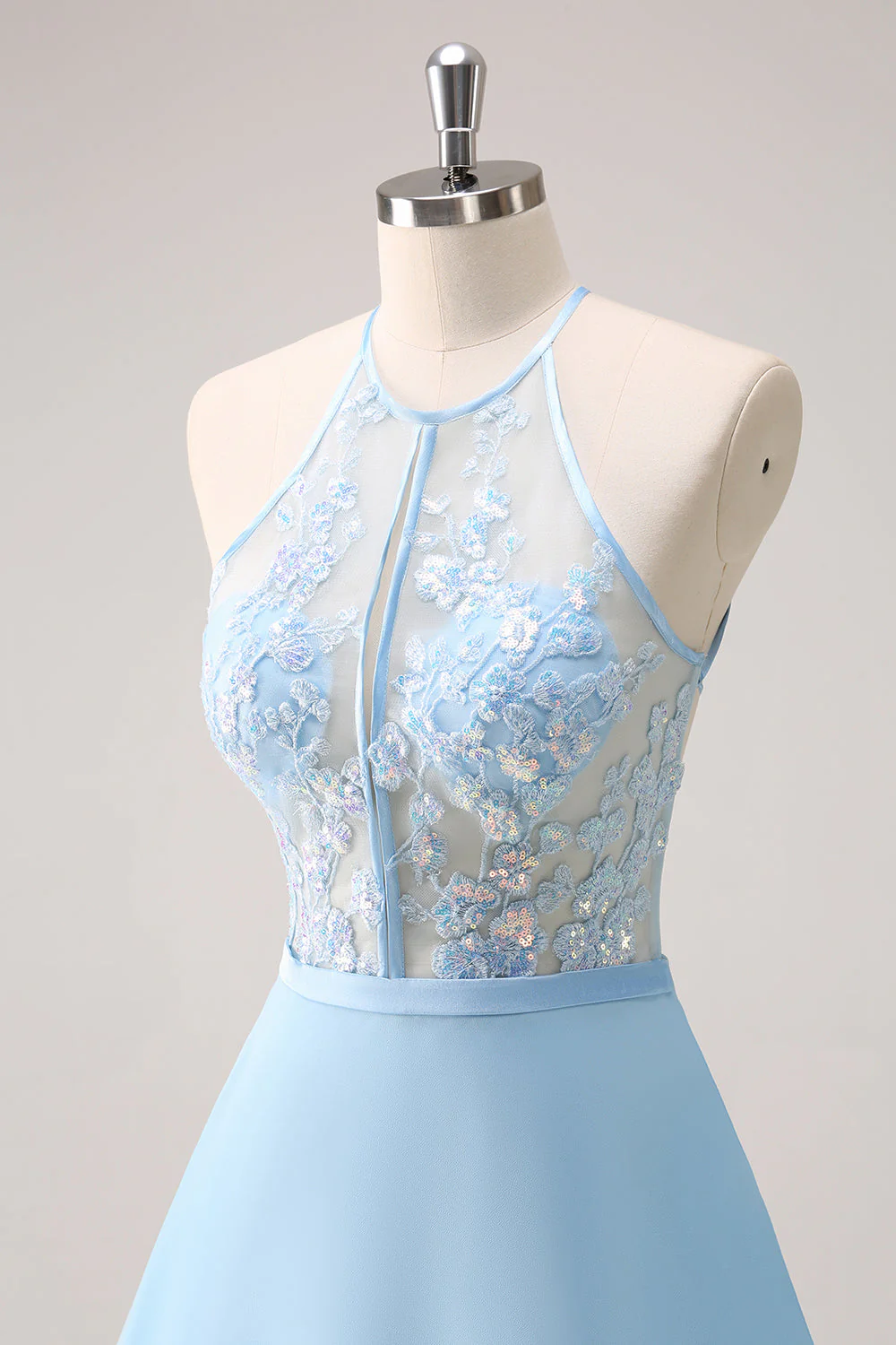 Sparkly Blue Halter Floral Long Bridesmaid Dress with Lace Up Back - Image 8