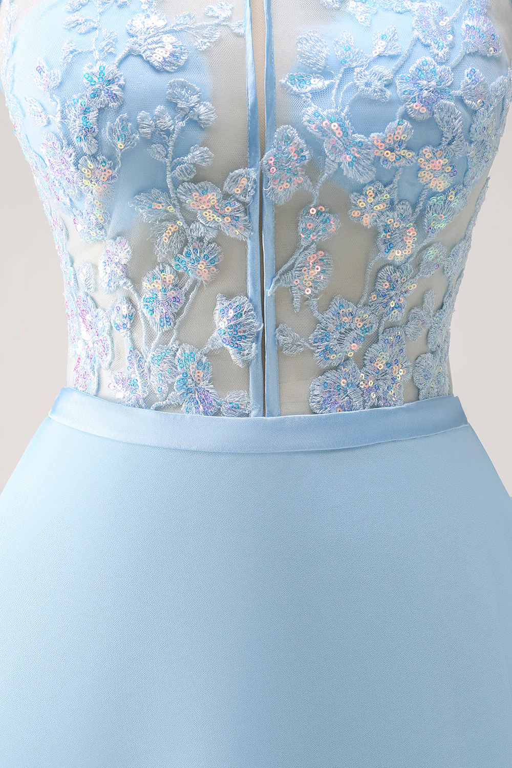Sparkly Blue Halter Floral Long Bridesmaid Dress with Lace Up Back - Image 9