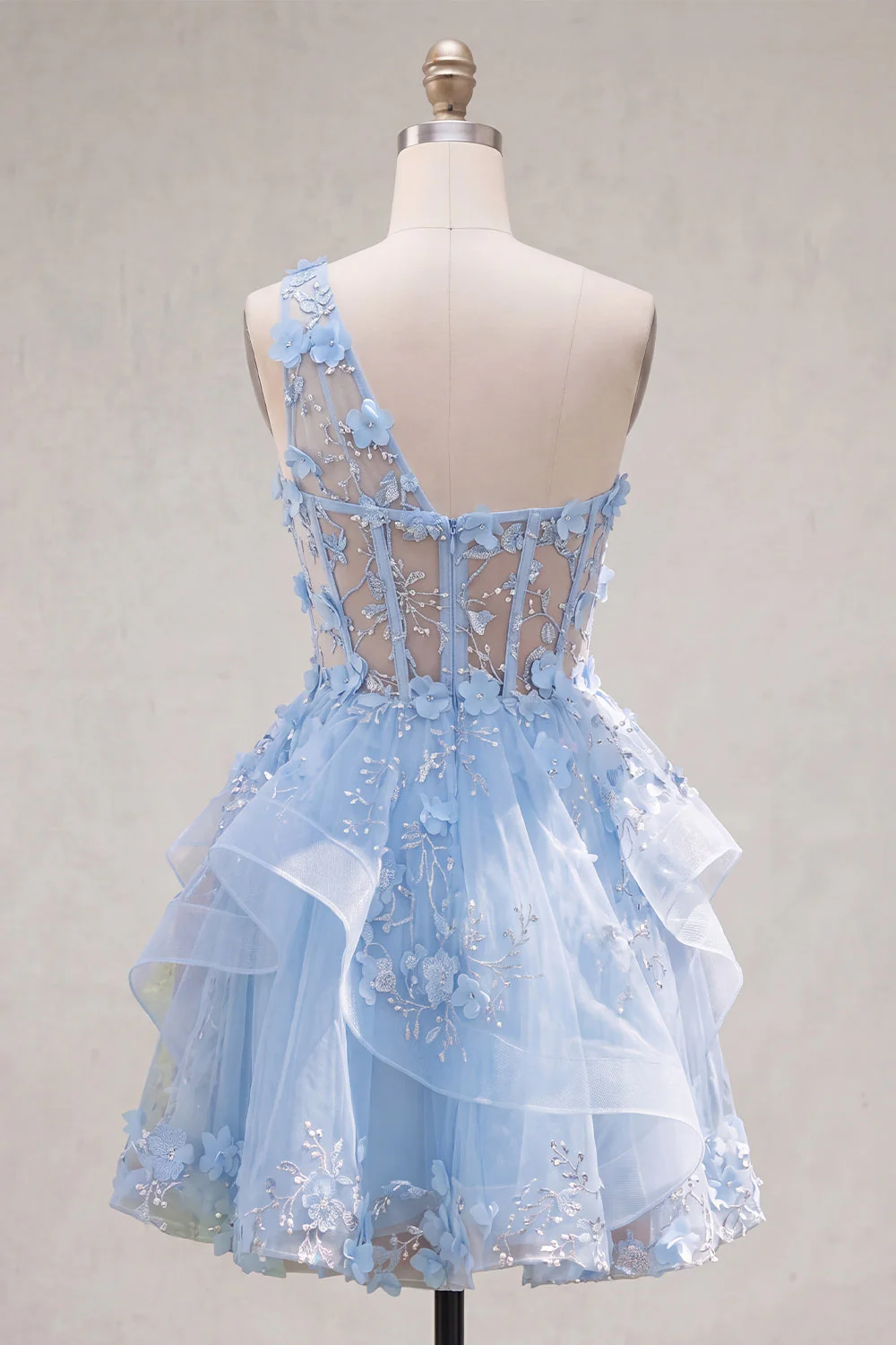 Blue One Shoulder Ruffled A Line Sheer Corset Cocktail Dress with 3D Flowers - Image 2