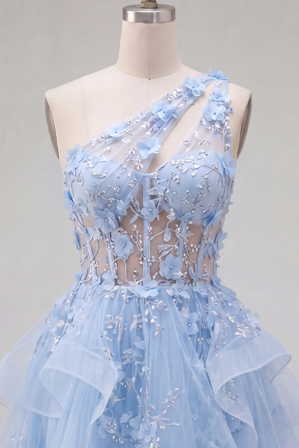 Blue One Shoulder Ruffled A Line Sheer Corset Cocktail Dress with 3D Flowers - Image 5