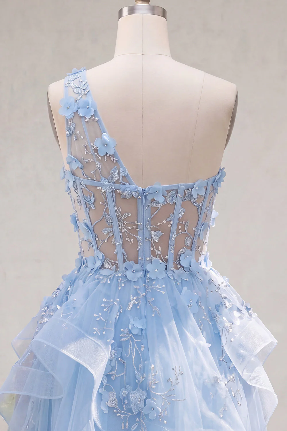 Blue One Shoulder Ruffled A Line Sheer Corset Cocktail Dress with 3D Flowers - Image 6