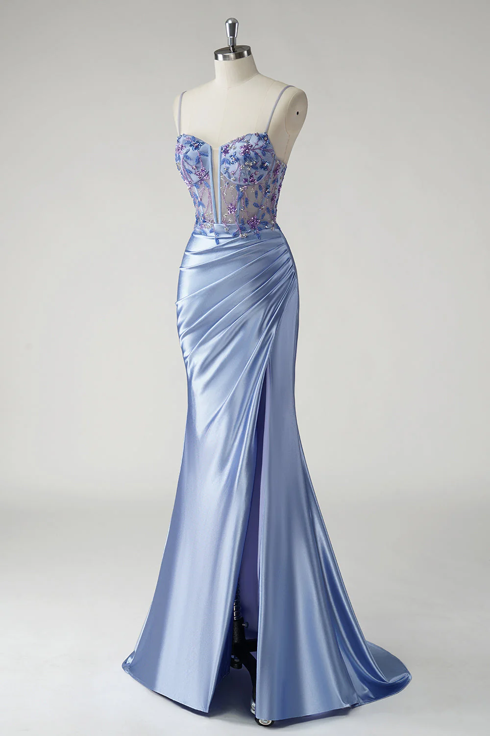 Sparkly Blue Mermaid Satin Floral Long Prom Dress with Slit - Image 3