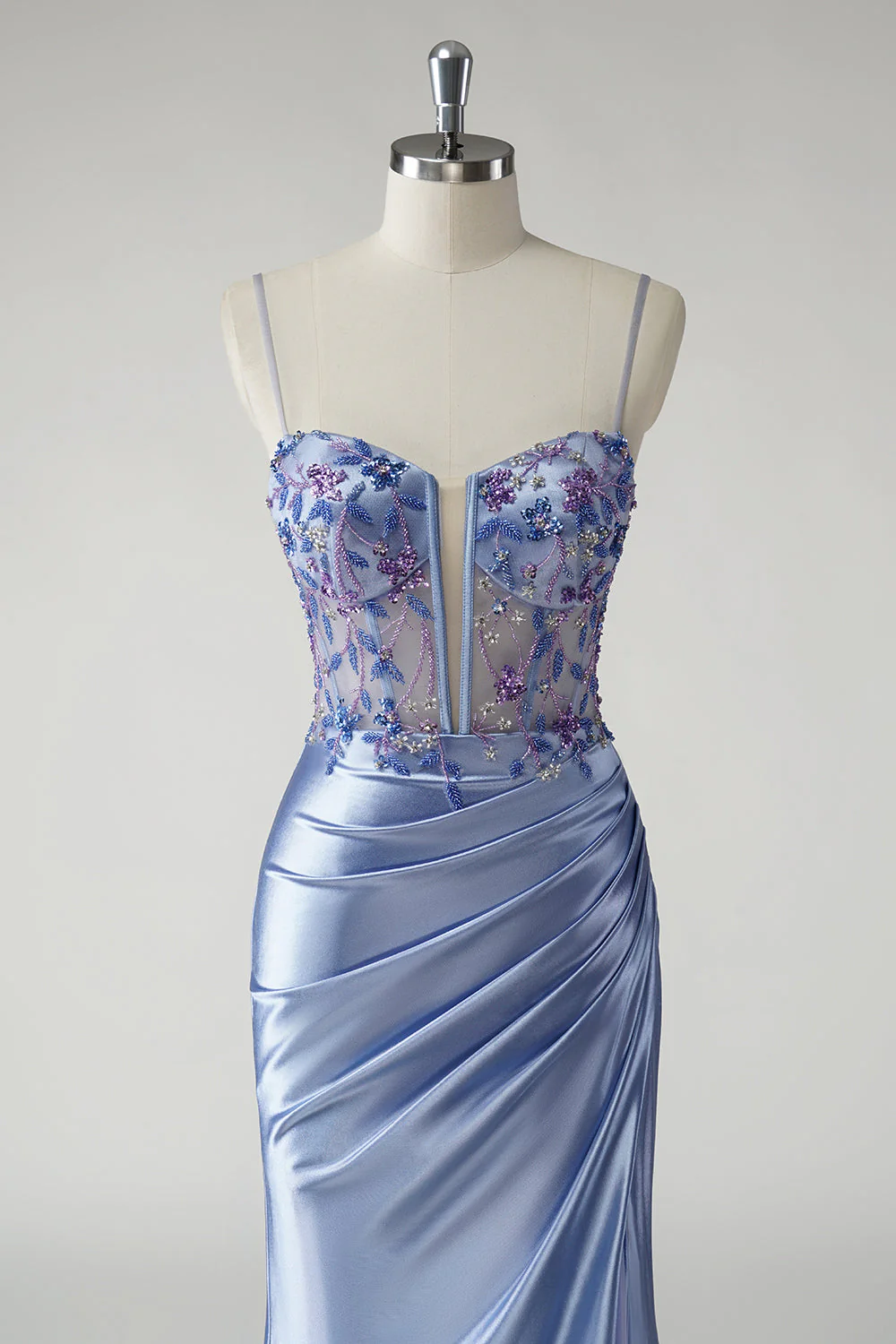 Sparkly Blue Mermaid Satin Floral Long Prom Dress with Slit - Image 4