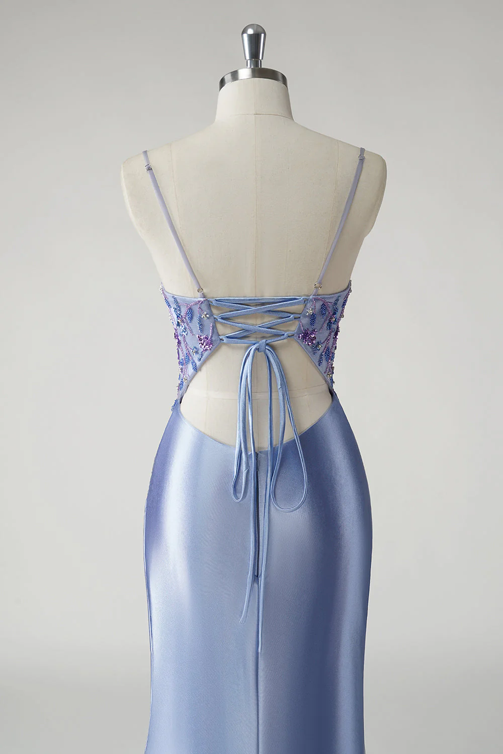 Sparkly Blue Mermaid Satin Floral Long Prom Dress with Slit - Image 5