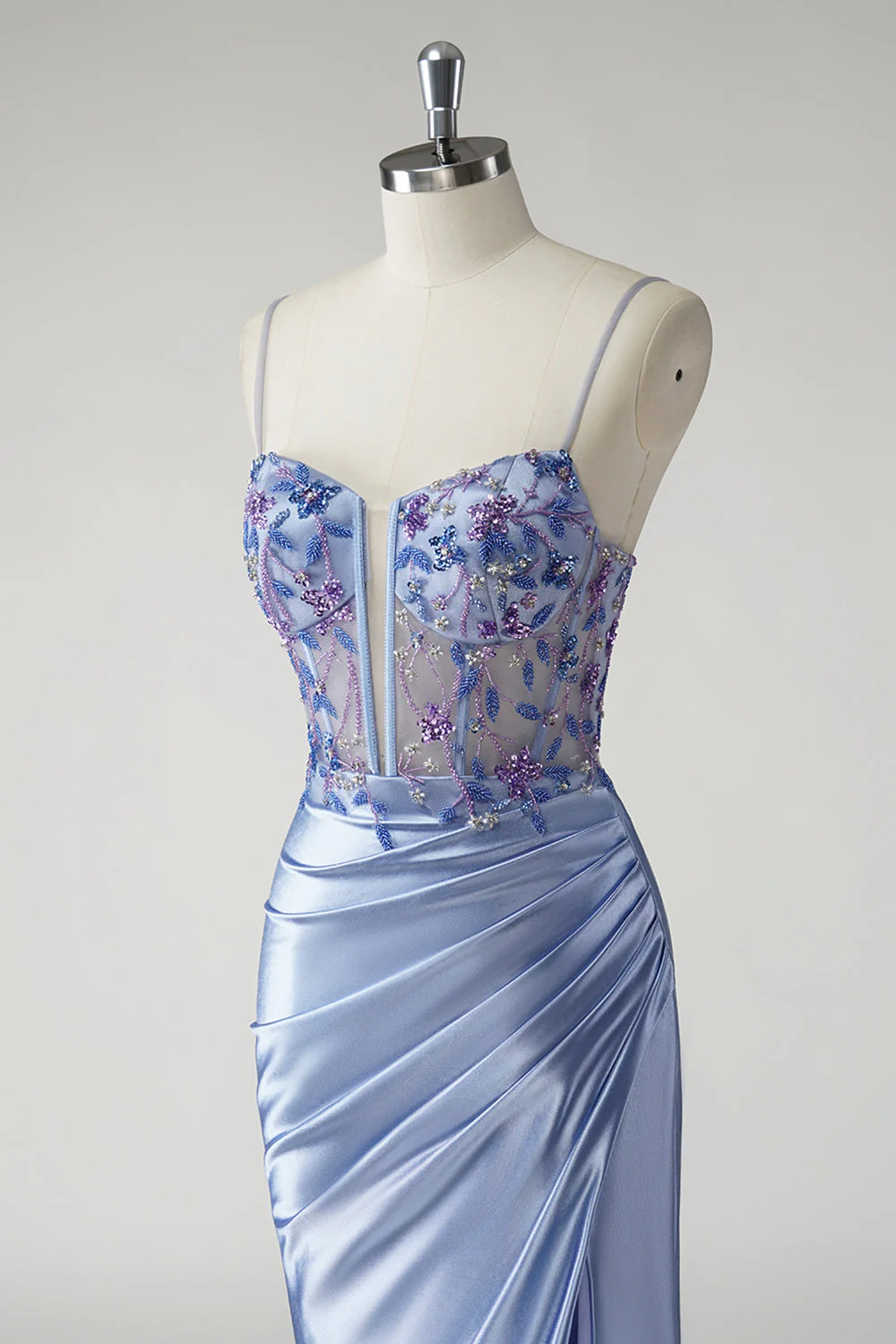 Sparkly Blue Mermaid Satin Floral Long Prom Dress with Slit - Image 6