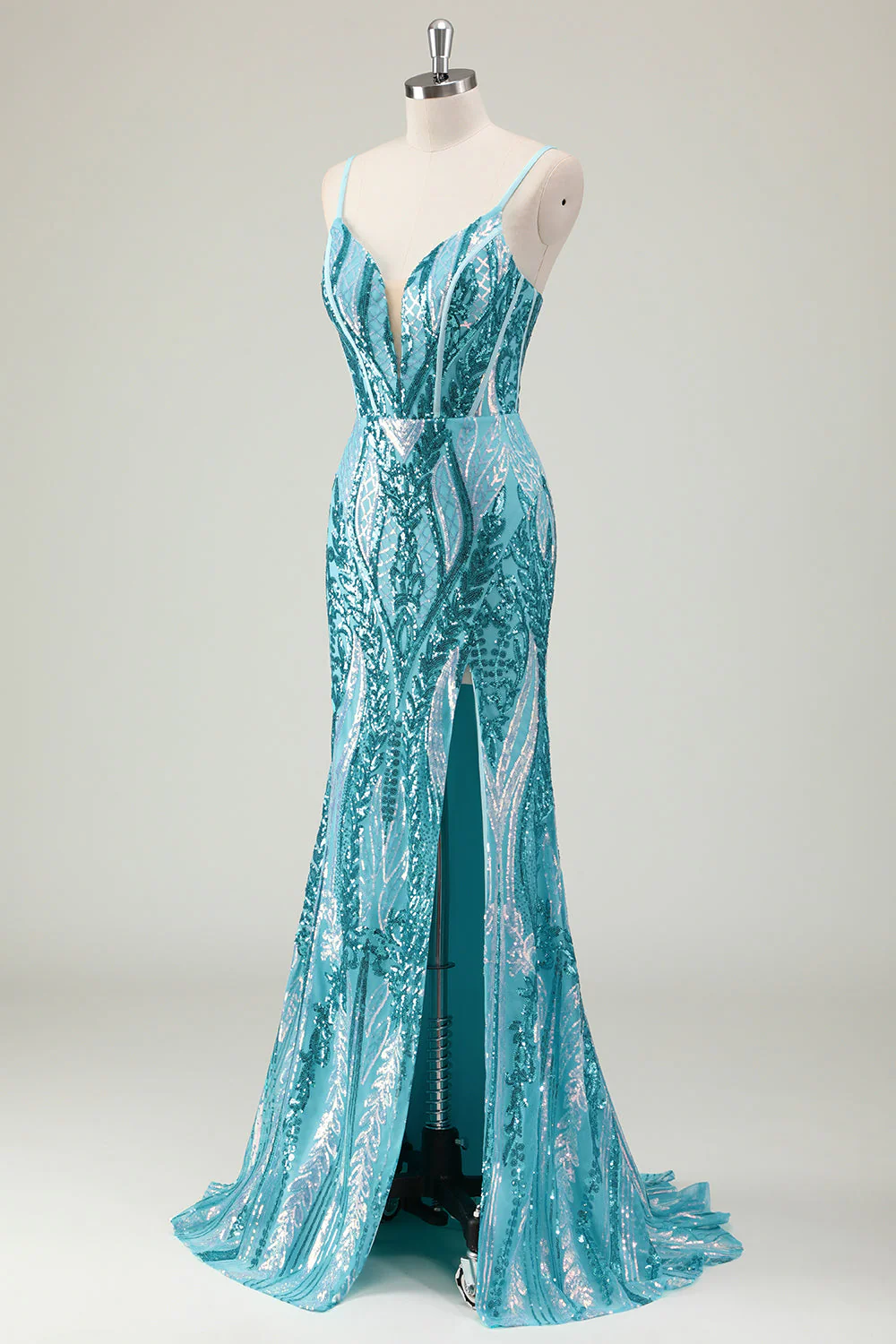 Sparkly Blue Mermaid Spaghetti Straps Long Prom Dress with Sequins - Image 3