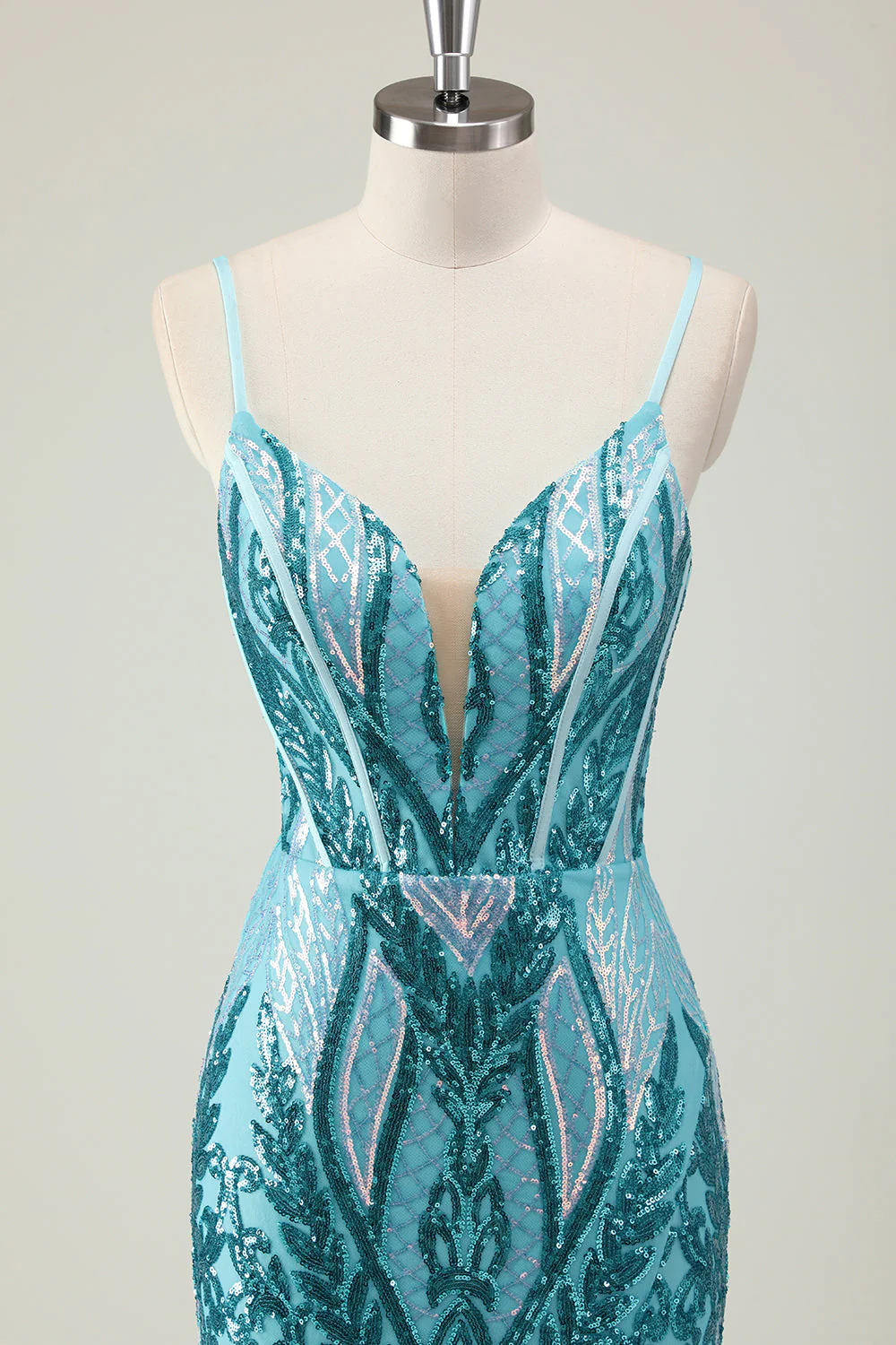 Sparkly Blue Mermaid Spaghetti Straps Long Prom Dress with Sequins - Image 4