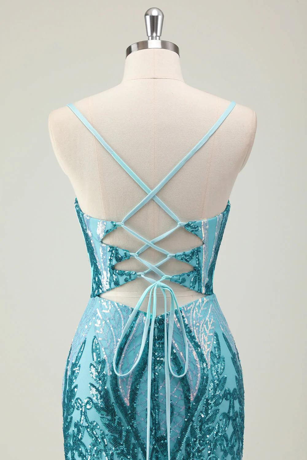 Sparkly Blue Mermaid Spaghetti Straps Long Prom Dress with Sequins - Image 5