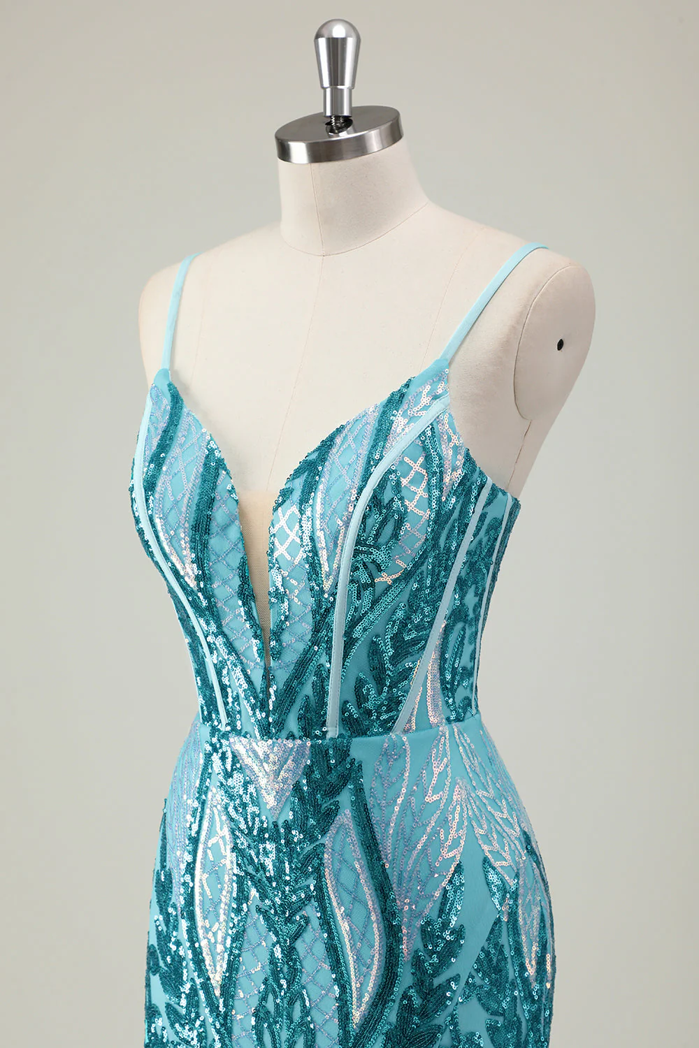 Sparkly Blue Mermaid Spaghetti Straps Long Prom Dress with Sequins - Image 6