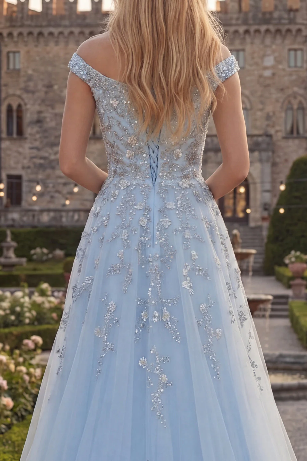 Off the Shoulder  Blue A-Line Corset Tulle Long Prom Dress with Beading - Image 4