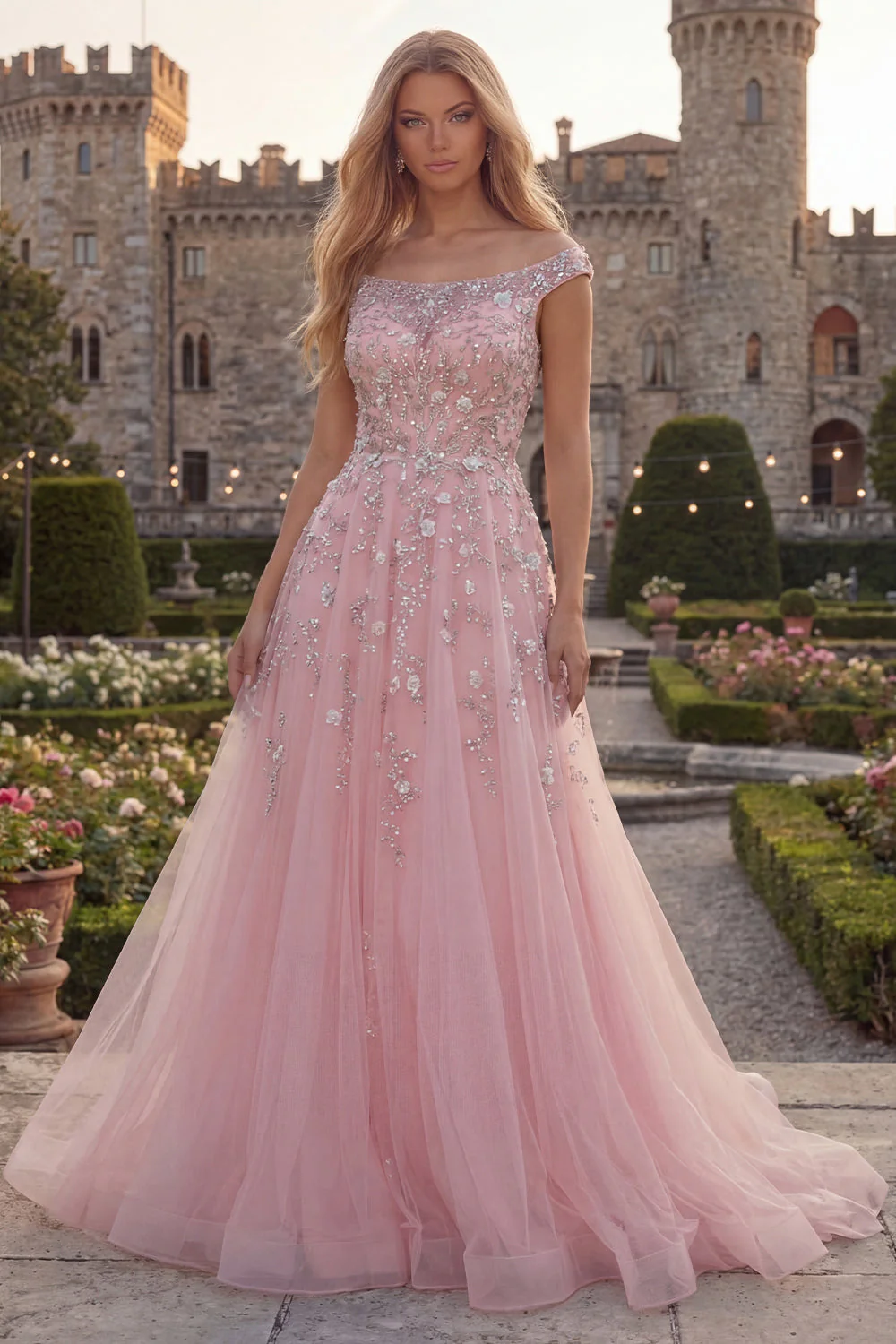 Off the Shoulder  Blue A-Line Corset Tulle Long Prom Dress with Beading - Image 5