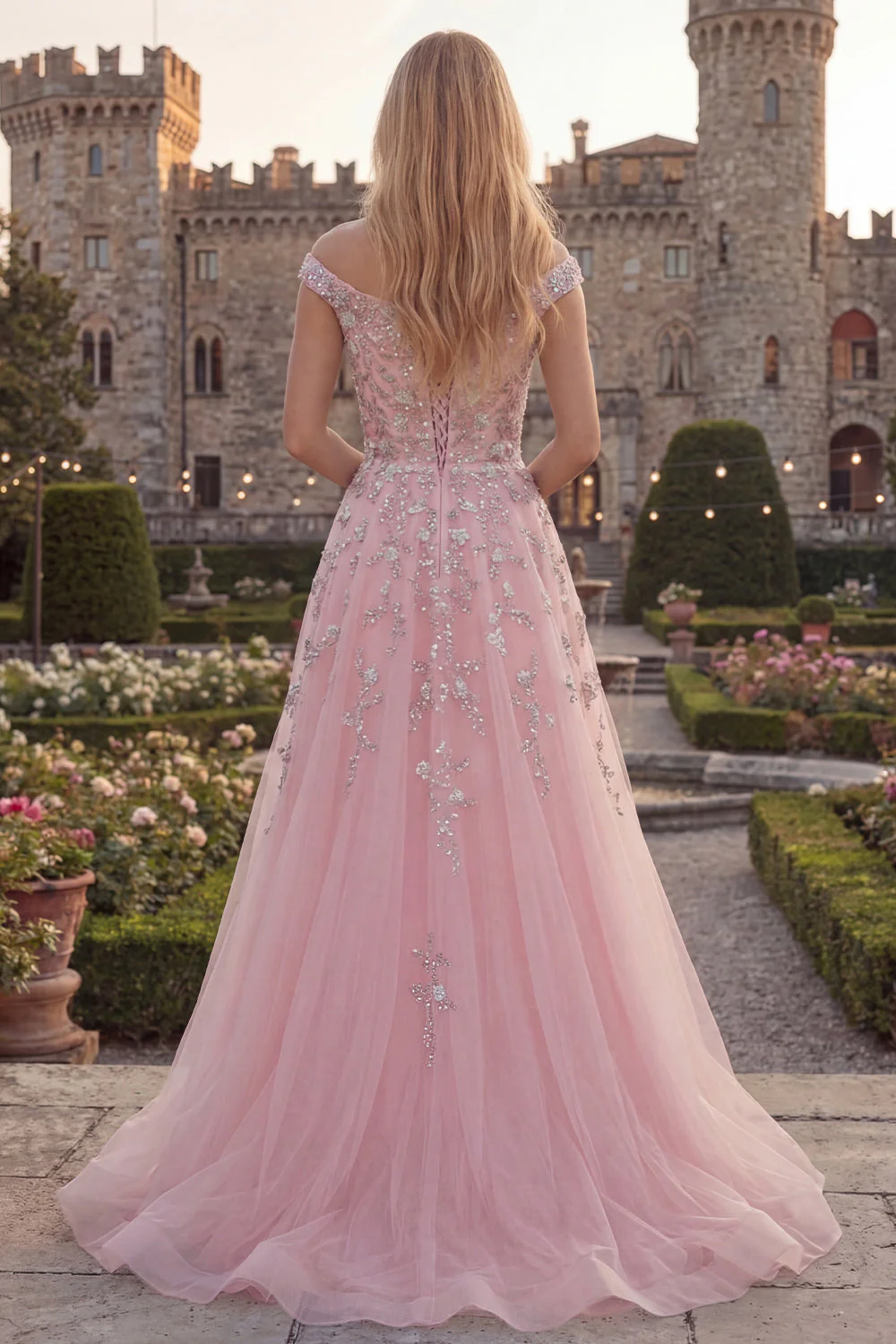 Off the Shoulder  Blue A-Line Corset Tulle Long Prom Dress with Beading - Image 6