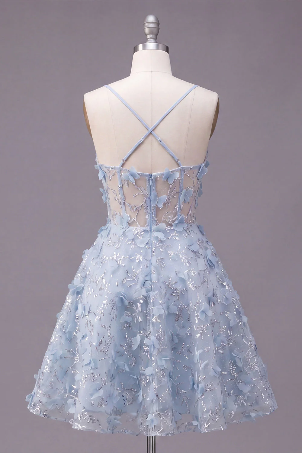 Sparkly Blue A Line Spaghetti Straps Sequin Cocktail Dress with 3D Flowers - Image 2