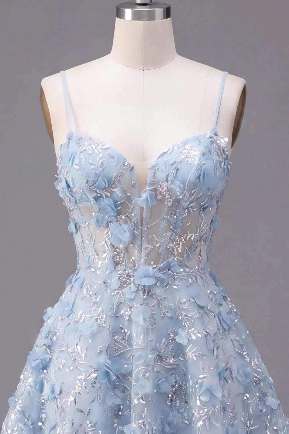 Sparkly Blue A Line Spaghetti Straps Sequin Cocktail Dress with 3D Flowers - Image 5
