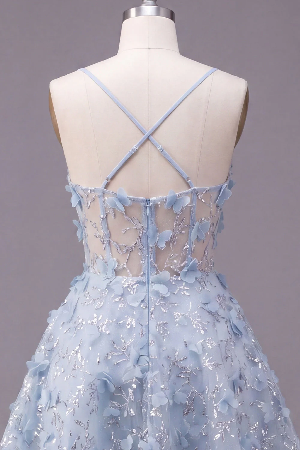 Sparkly Blue A Line Spaghetti Straps Sequin Cocktail Dress with 3D Flowers - Image 6