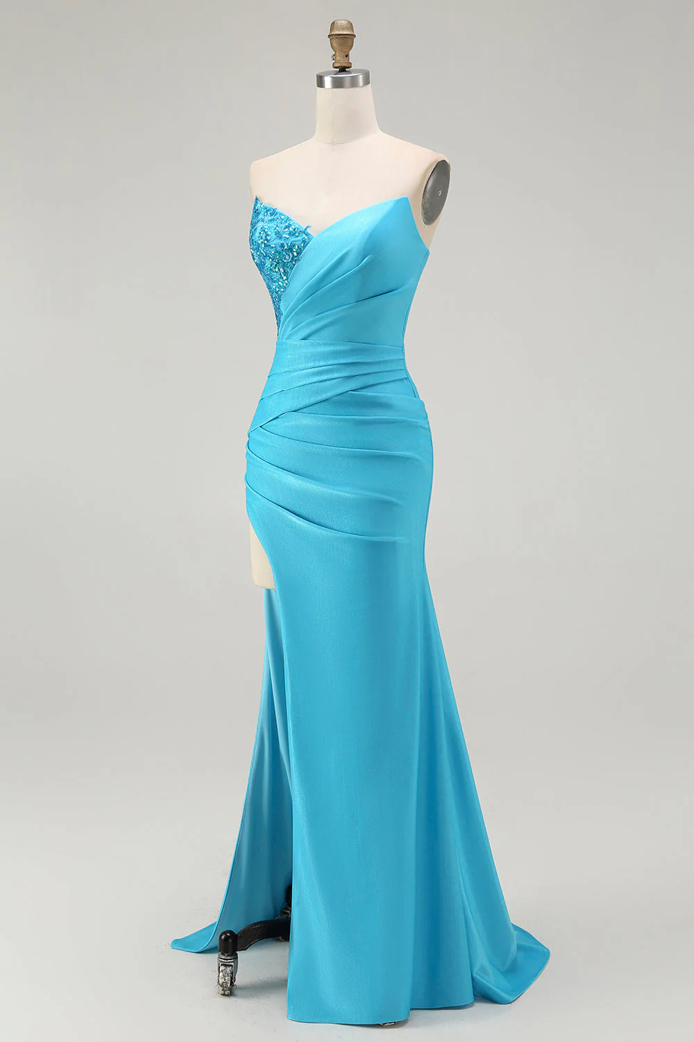 Sparkly Blue Strapless Mermaid Pleated Long Prom Dress with Slit - Image 3