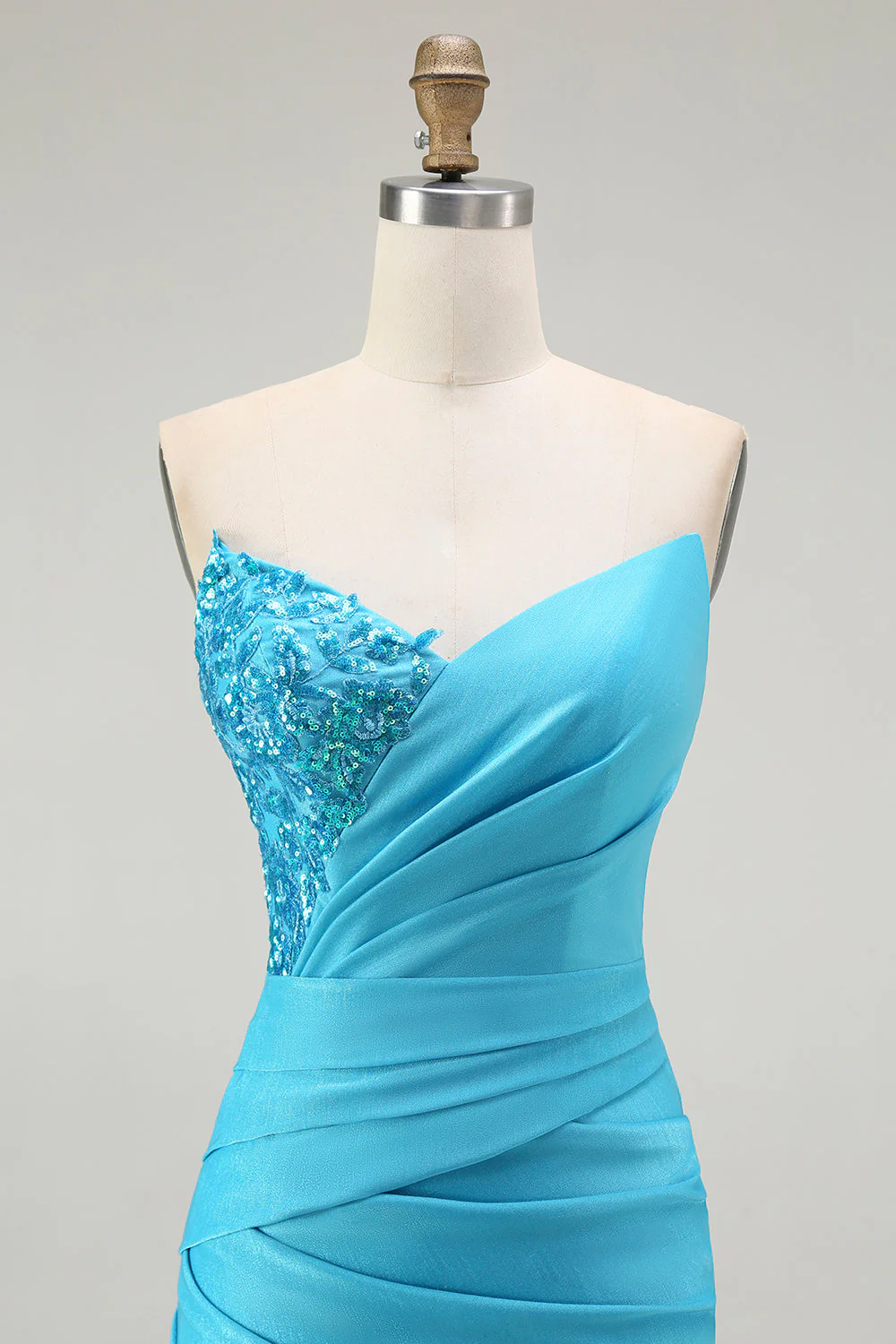 Sparkly Blue Strapless Mermaid Pleated Long Prom Dress with Slit - Image 4