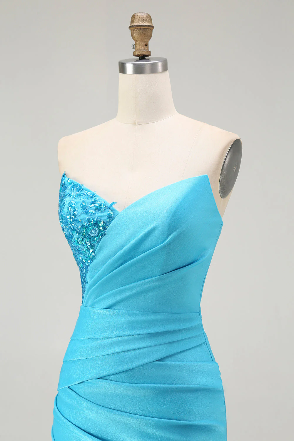 Sparkly Blue Strapless Mermaid Pleated Long Prom Dress with Slit - Image 5