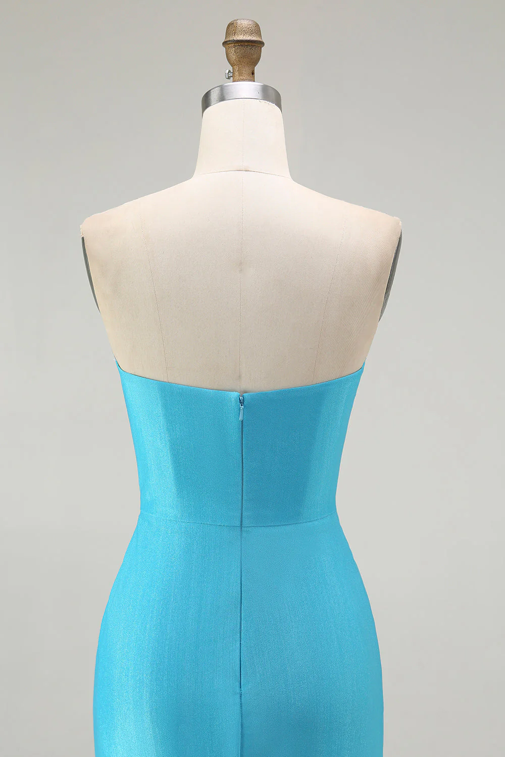 Sparkly Blue Strapless Mermaid Pleated Long Prom Dress with Slit - Image 6