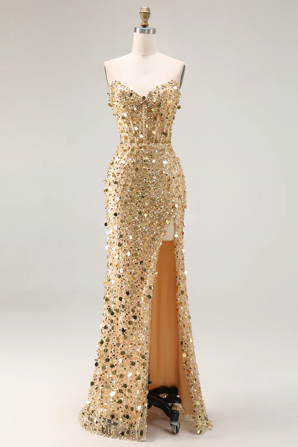 Sparkly Royal Blue Strapless Sheath Sequin Corset Long Prom Dress With Slit - Image 25