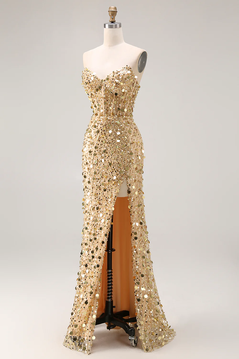 Sparkly Royal Blue Strapless Sheath Sequin Corset Long Prom Dress With Slit - Image 27