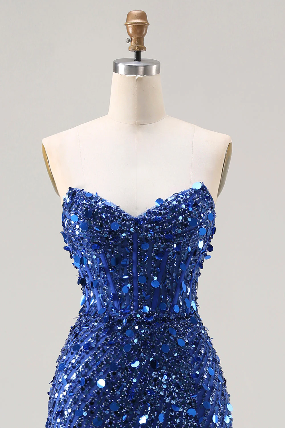 Sparkly Royal Blue Strapless Sheath Sequin Corset Long Prom Dress With Slit - Image 4