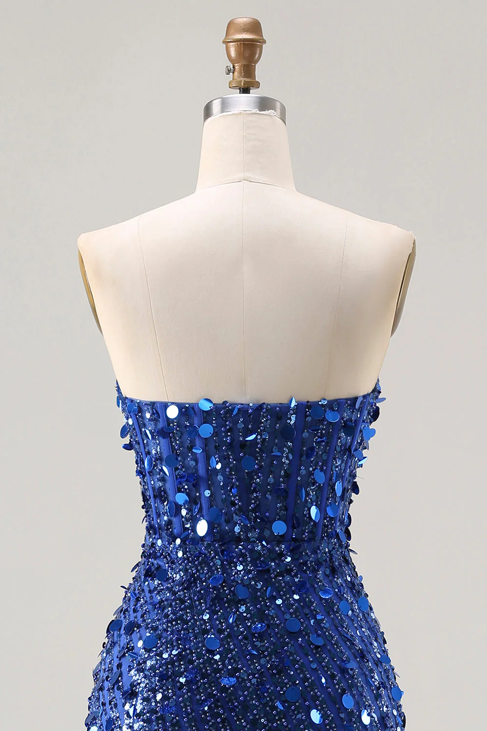 Sparkly Royal Blue Strapless Sheath Sequin Corset Long Prom Dress With Slit - Image 5