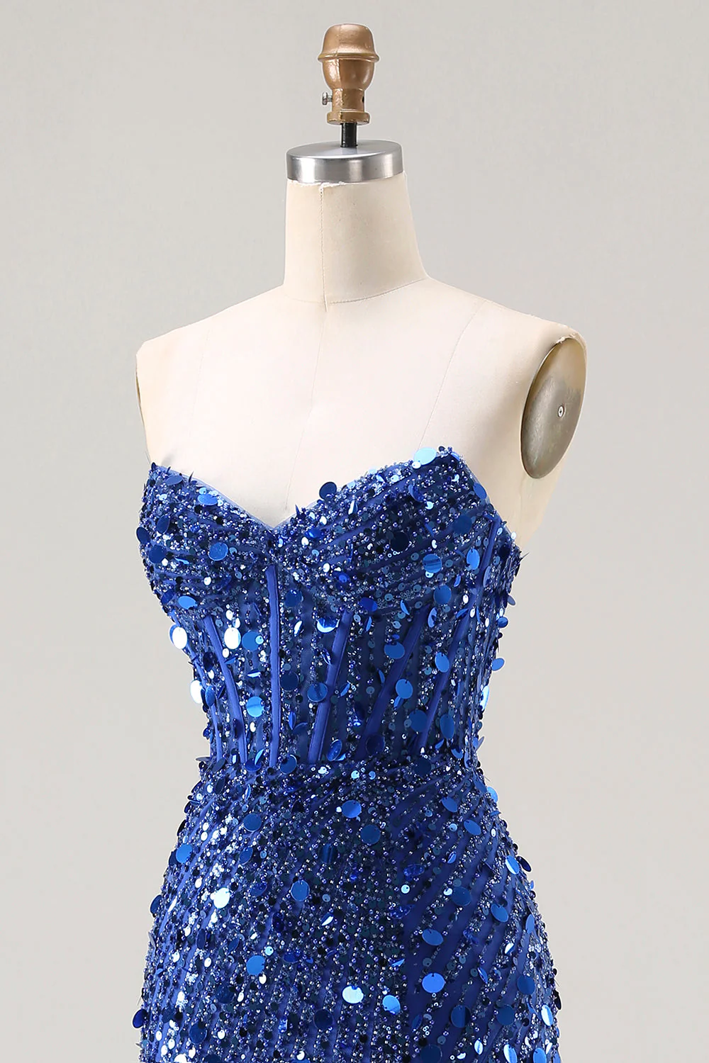 Sparkly Royal Blue Strapless Sheath Sequin Corset Long Prom Dress With Slit - Image 6