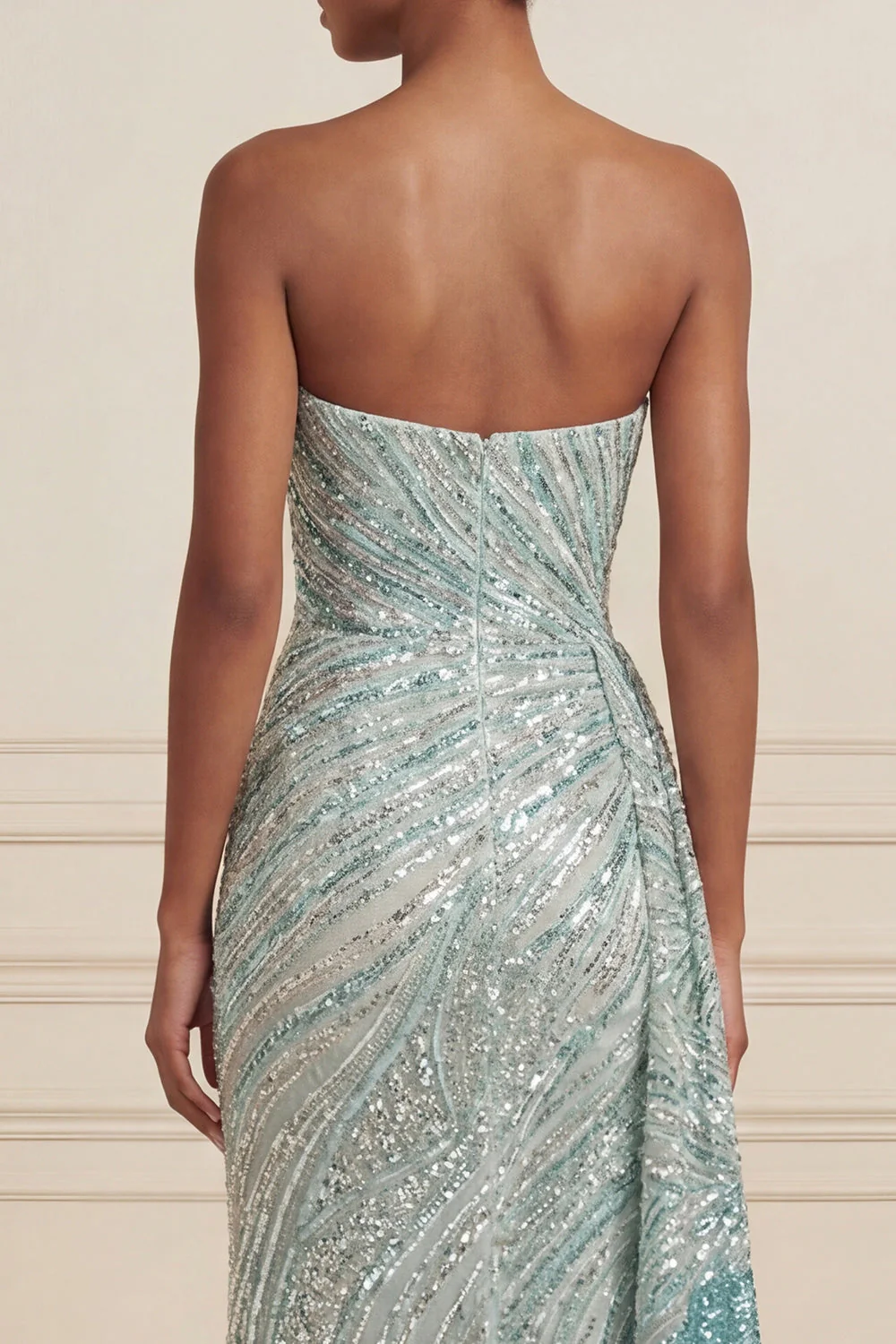 Sparkly Blue Strapless Sheath Sequin Long Prom Dress with Slit - Image 4