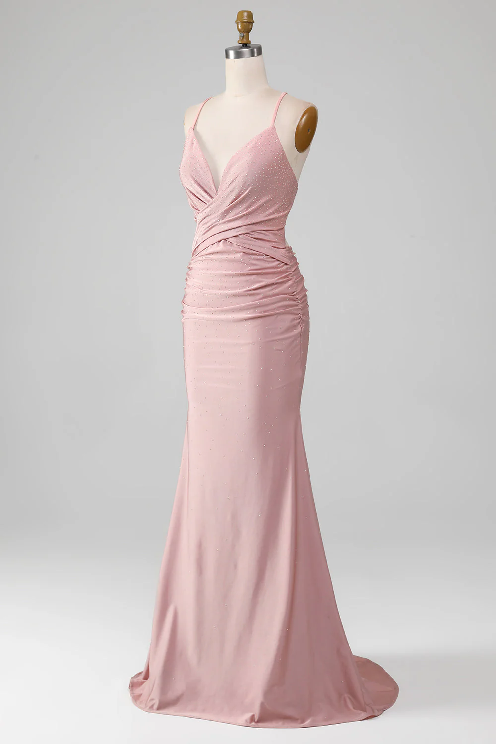 Sparkly Blush Beaded Long Mermaid Prom Dress - Image 3