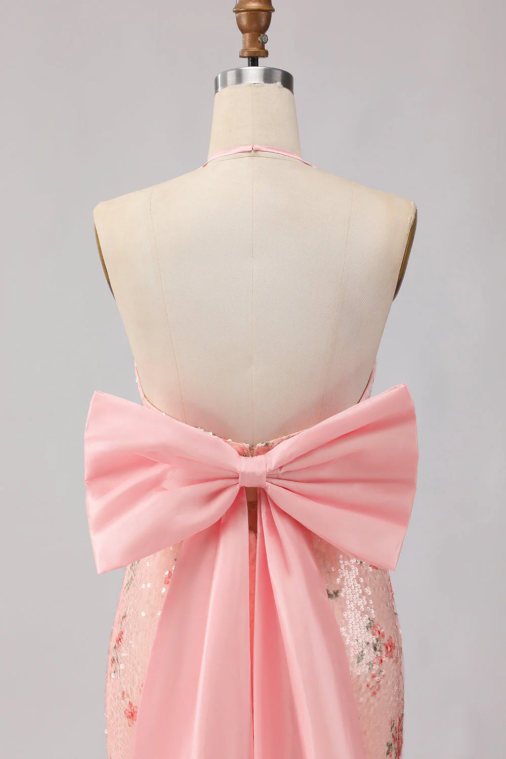 Sparkly Blush Halter Mermaid Side Slit Sequin Long Prom Dress with Large Bow - Image 10