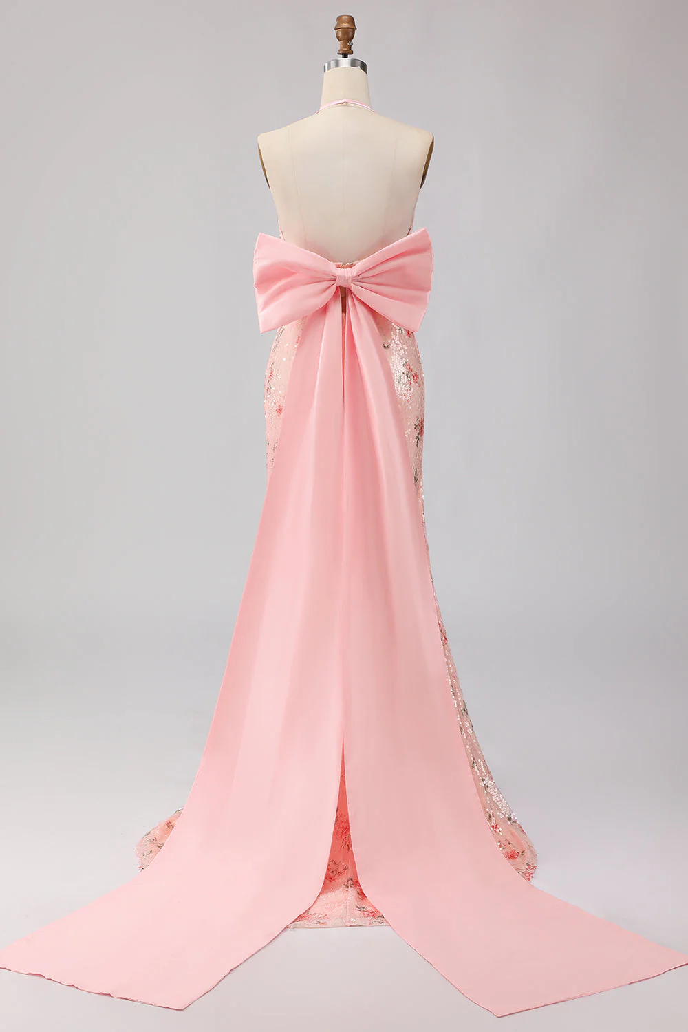 Sparkly Blush Halter Mermaid Side Slit Sequin Long Prom Dress with Large Bow - Image 2