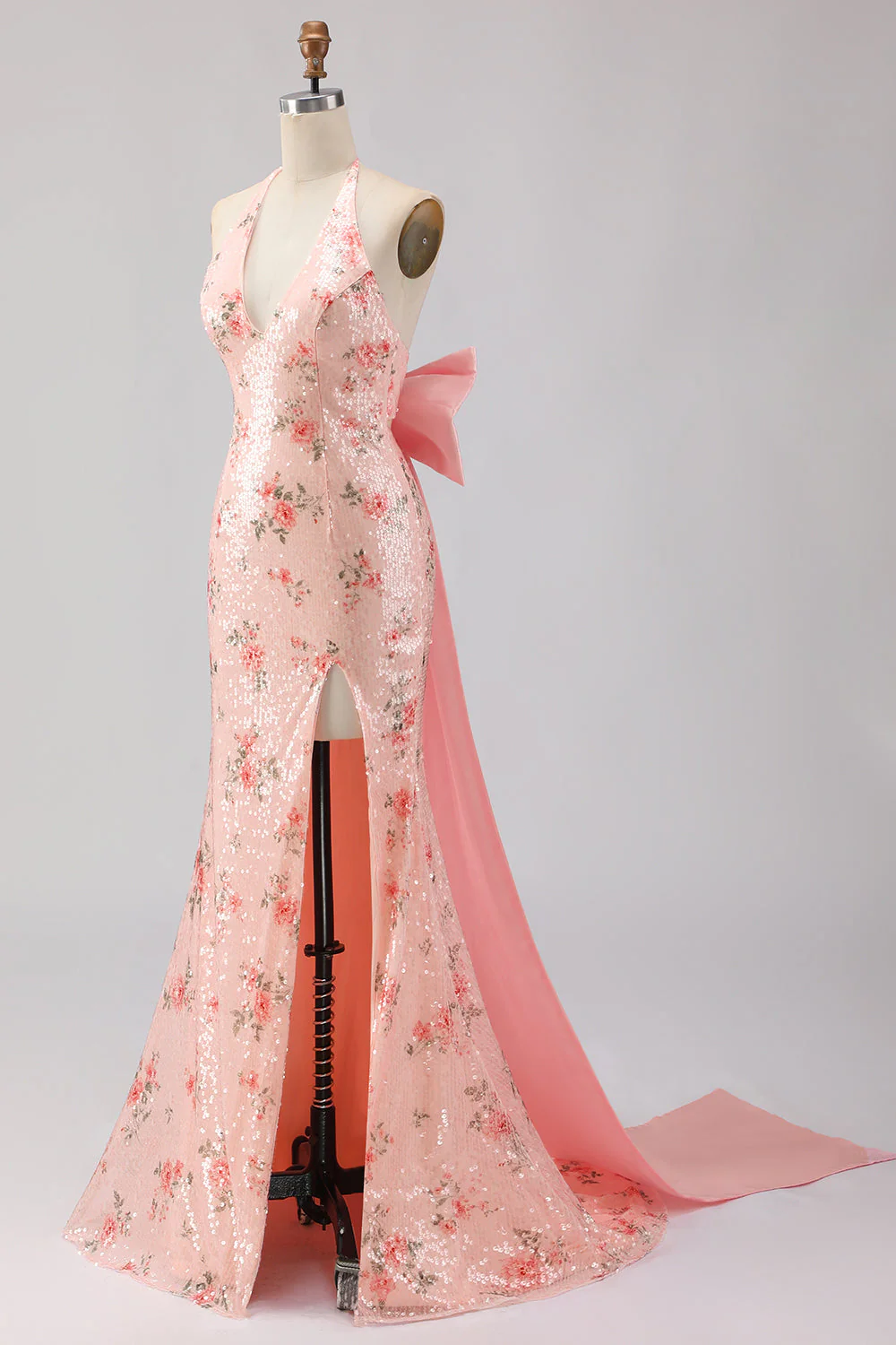 Sparkly Blush Halter Mermaid Side Slit Sequin Long Prom Dress with Large Bow - Image 5