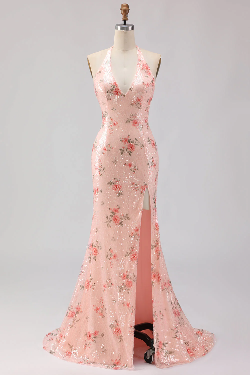 Sparkly Blush Halter Mermaid Side Slit Sequin Long Prom Dress with Large Bow - Image 6