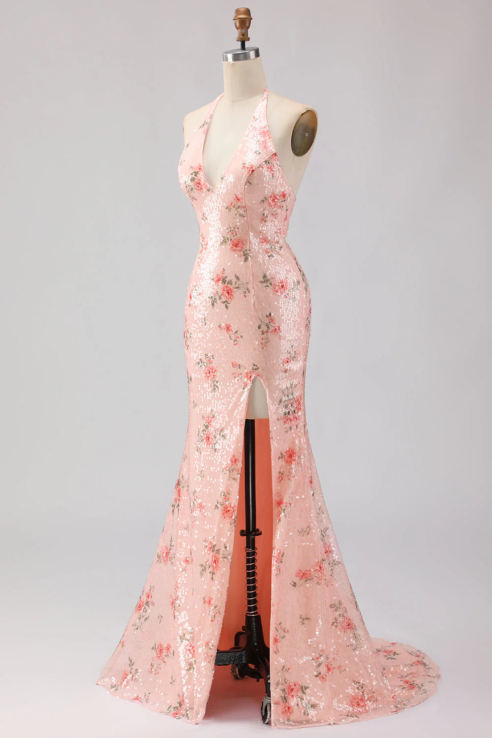 Sparkly Blush Halter Mermaid Side Slit Sequin Long Prom Dress with Large Bow - Image 7