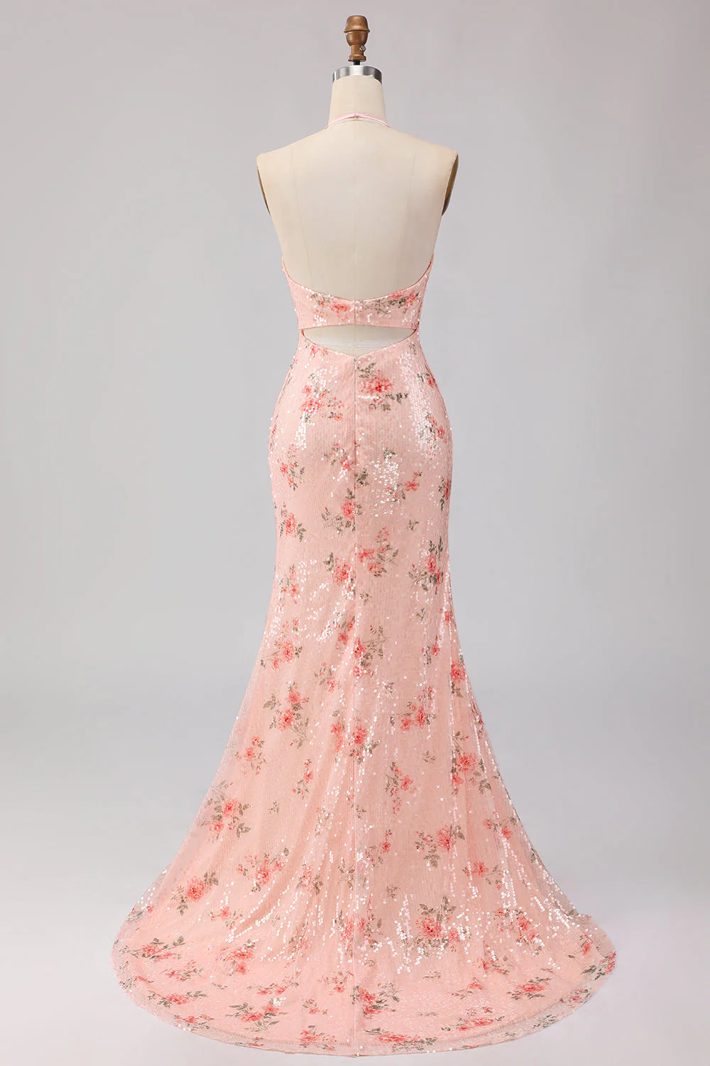 Sparkly Blush Halter Mermaid Side Slit Sequin Long Prom Dress with Large Bow - Image 8